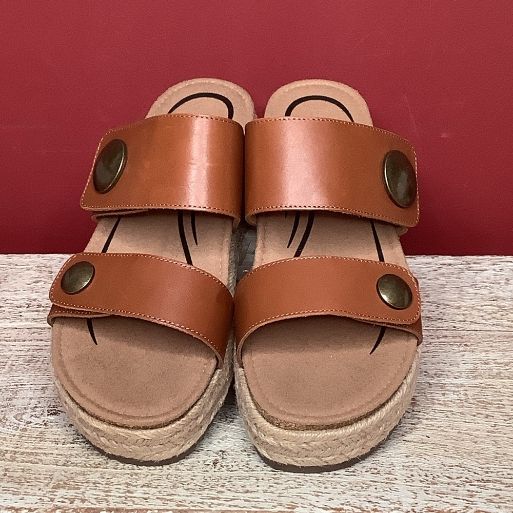 AETREX Sofie Cognac Leather Platform Sandals Jute Trim Arch Support Memo… - Picture 2 of 16